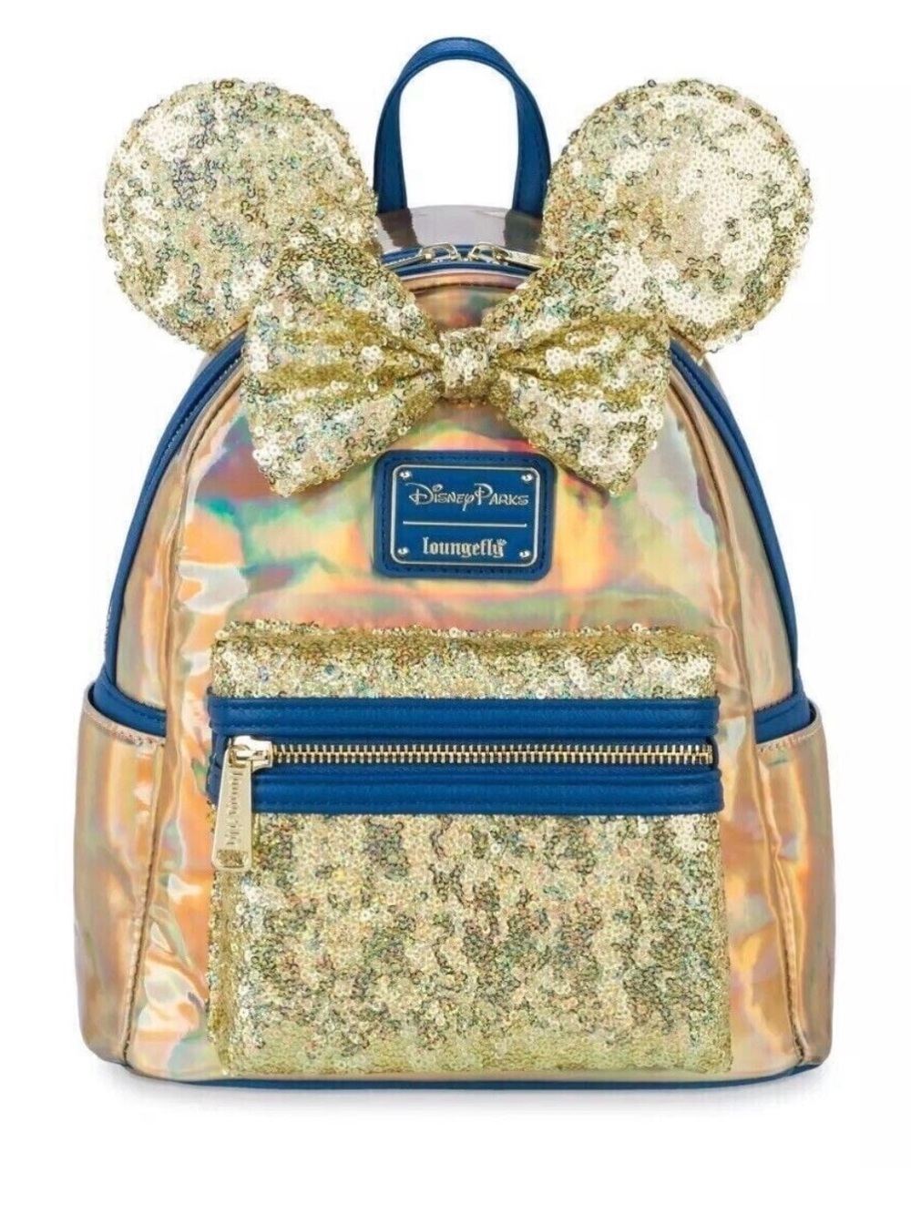 Brand new! Loungefly Gold Sequin Minnie Ear Holographic Backpack with Blue Trim